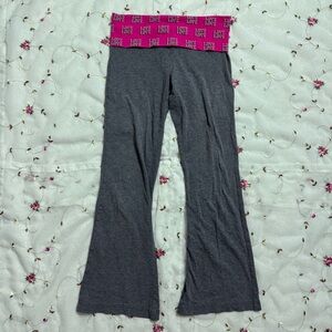 Gray Fold Over Vintage Yoga Pants with Pink Waistband